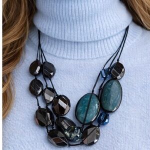 Chico's Black and Blue chunky beads cord medallion Statement Necklace